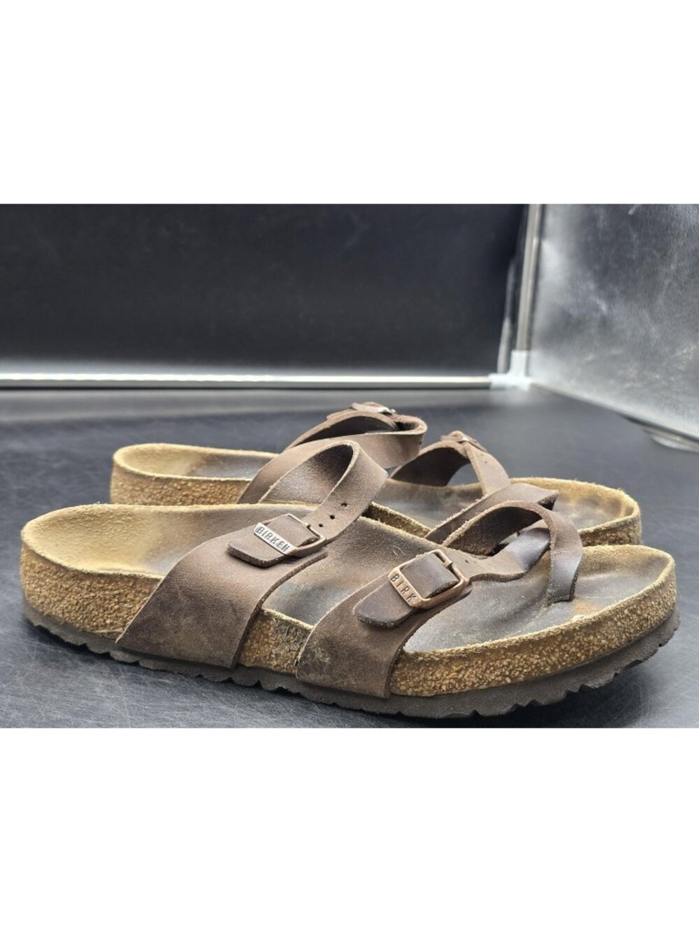 Birkenstock Mayari Sandals Womens Size 7.5 38 Brown Leather Cork Damage Shoes